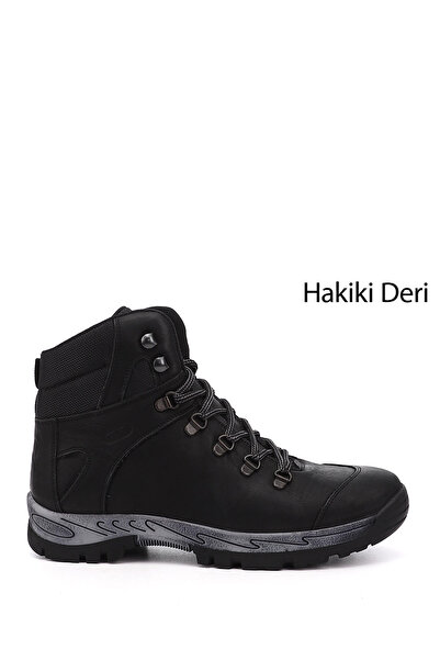 GÖNDERİ(R) Men's Black Nubuck Lace-Up Rubber Sole Genuine Leather Outdoor Boots
