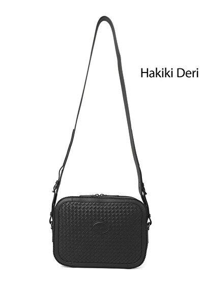 GÖNDERİ(R) Women / Girls Black Genuine Leather Straw Knitted Long Strap Shoulder Bag