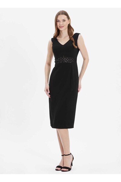 Selen O Yaka Payetli Siyah Standart Kadın Elbise 24YSL7478
