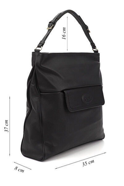 GÖNDERİ(R) BLACK Gön Platinum Genuine Leather Large Size Women's Shoulder and Hand Bag B7081