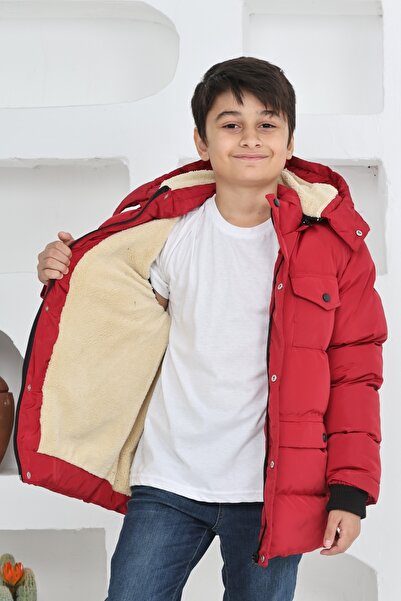 TheJOJODesign Erkek Çocuk Kışlık Polar Astarlı Kalın Elyaf Dolgulu Su Geçirmez Kapüşonlu Mont Kaban