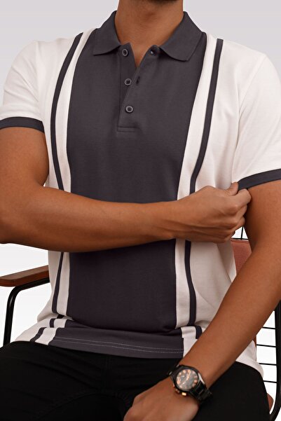 Etikmen White Smoked Double Color Men's Polo Neck T-Shirt