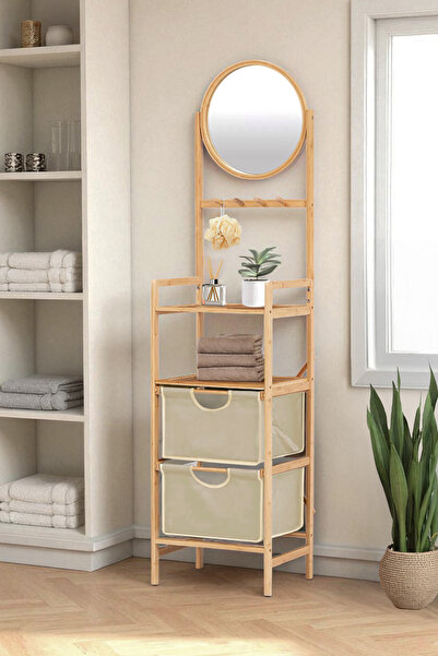 Digithome Bambu Aynalı 2 Çekmeceli Banyo Düzenleyici 2 Raflı Şifonyer Makyaj Organizeri DB-0035 -HYT
