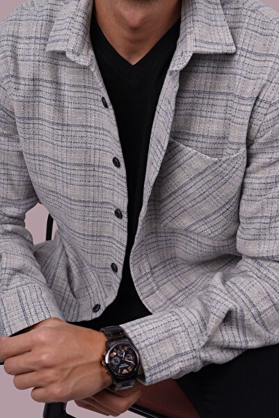 Etikmen Ανδρικό πουκάμισο Oversize σε γκρι ψάθινο σχέδιο