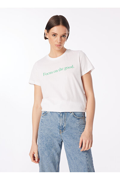 Fabrika Bisiklet Yaka Baskılı Beyaz Kadın T-Shirt F4SL-TST0749