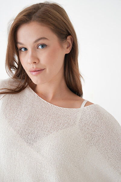 WOMAN VISION Crew Neck Oversize Ecru Basic Knitwear Sweater 6933