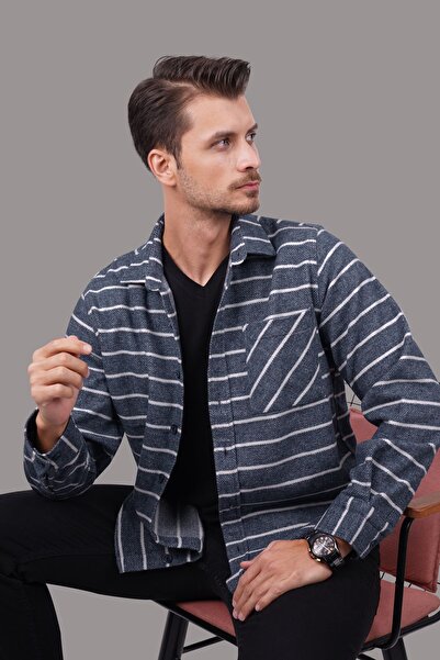 Etikmen Ανδρικό πουκάμισο Oversize - Μπλε και Λευκό ριγέ με κουτί δώρου