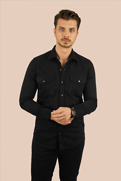 Etikmen Μαύρο ανδρικό πουκάμισο Slimfit Real Denim