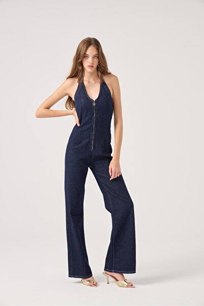 HOLLY LOLLY Halter Neck Valera Jean Jumpsuit Blue
