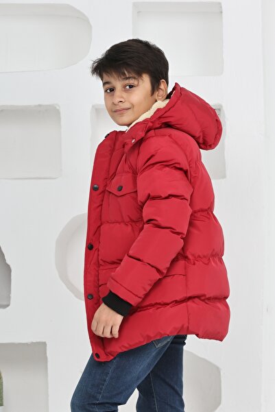 TheJOJODesign Erkek Çocuk Kışlık Polar Astarlı Kalın Elyaf Dolgulu Su Geçirmez Kapüşonlu Mont Kaban