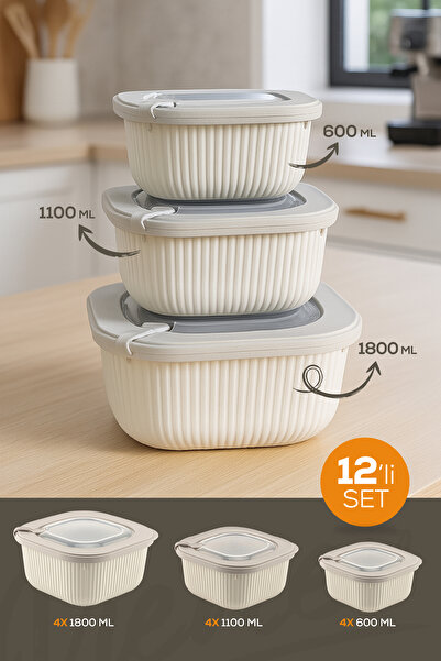 Vienev Beige Color 12-Piece 4X(600-1100-1800 ml) Special Storage Container Set with Vip Lids Suitable for Microwave and Freeze