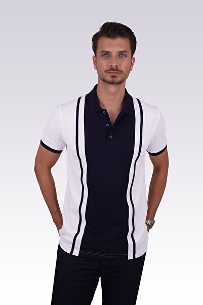 Etikmen Λευκό Navy Blue Διπλό Ανδρικό T-Shirt Polo Neck