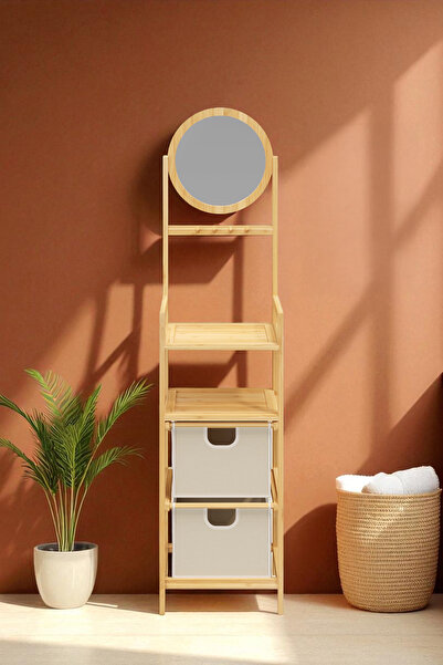 Digithome Bambu Aynalı 2 Çekmeceli Banyo Düzenleyici 2 Raflı Şifonyer Makyaj Organizeri DB-0035 -HYT