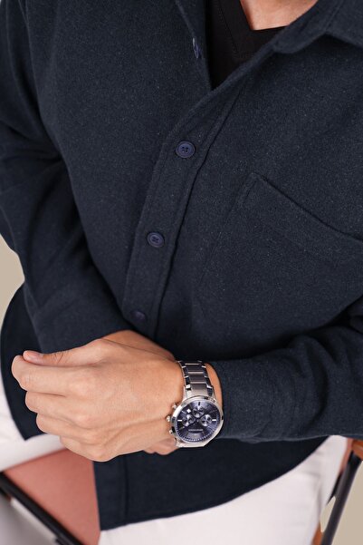 Etikmen Men's Lumberjack Shirt - Plain Cut, Navy Blue, Oversize Gift Box