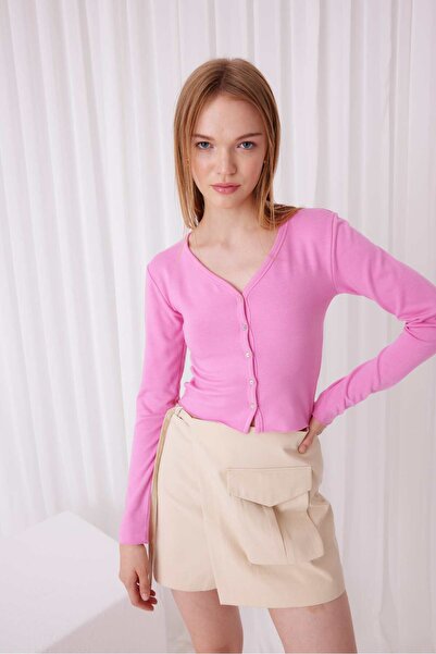 TUBİA Kadın Düğmeli V Yaka Pembe Crop Hırka