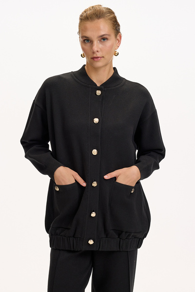 Exquise Bisiket Oversize Tirko Cardigan with Collar Pockets and Gold Buttons