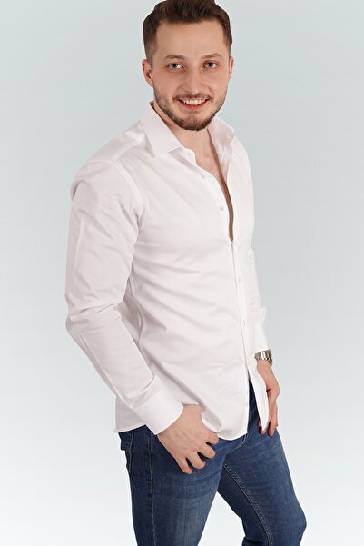 Etikmen Λευκό Satin Slimfit Ανδρικό πουκάμισο σε συσκευασία δώρου