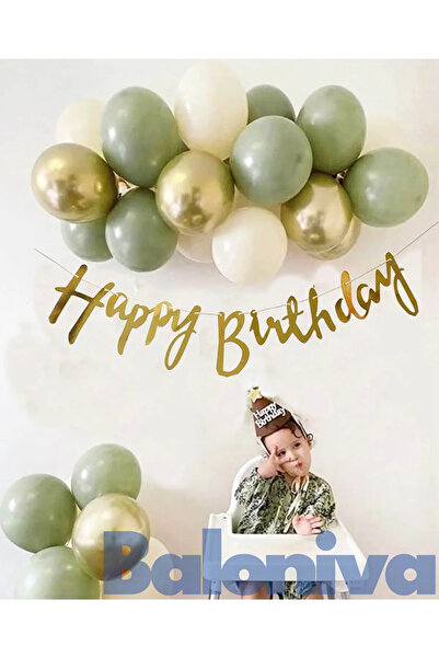 Baloniva Küf Yeşili - Gold Balon ve Banner Seti Happy Birthday Banner Mini Zi...