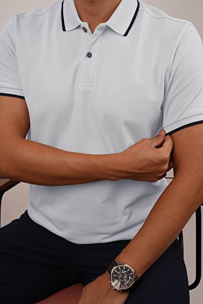 Etikmen Gray Navy Blue Collar Striped Men's Polo Neck T-Shirt