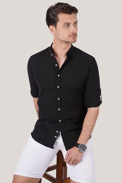 Etikmen Richter Collar Slimfit Linen Men's Shirt - Black with Gift Box