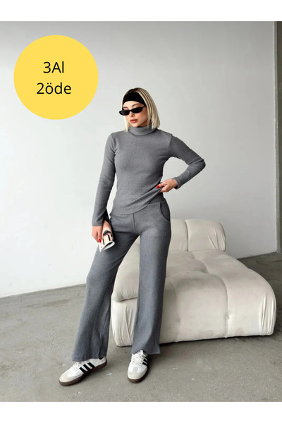 Ayfer Gray Ribbed Camisole High-Rise Collar Bottom Top Pants Suit