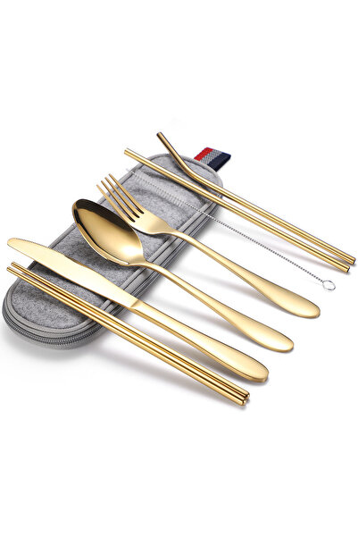 Trendy's Set of 8 stainless steel cutlery, for travel and office, TRENDY'S, gold