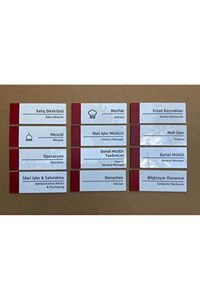 Yönline 10 Adet Yönlendirme Levhası Kendinden Yapışkanlı Bantlı Kapı Isimlikleri 24x9 Cm Pearl Red Serisi