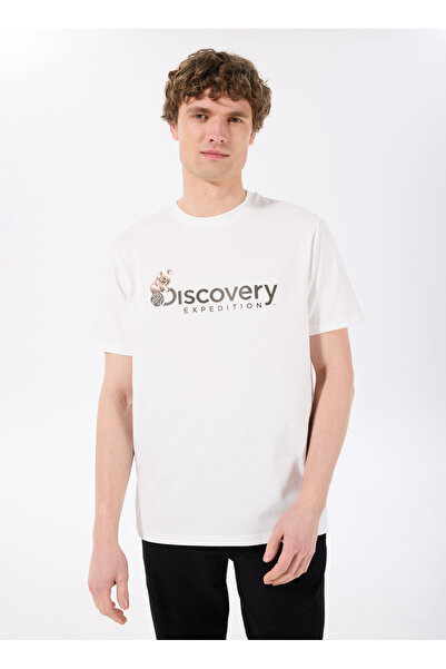Discovery Expedition Beyaz Erkek Bisiklet Yaka Basic Fit Baskılı T-Shirt D4SM-TST3302