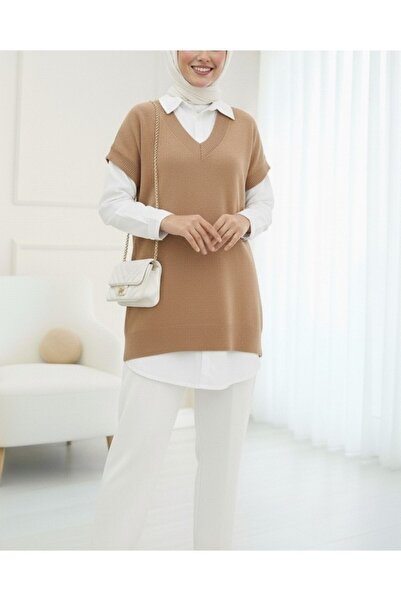 Modamorfo V Yaka Oversize Triko Süveter -Vizon