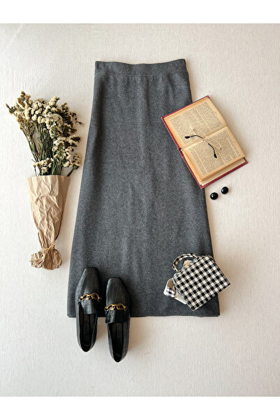 KÜÇÜĞÜM BUTİK Anthracite Colored Stitched Long Skirt