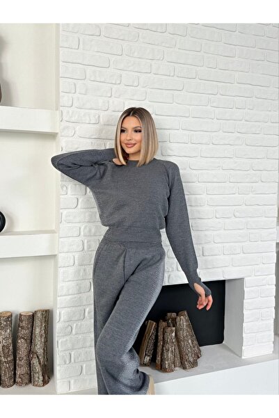 ZF BUTİK Set de tricotaje pentru femei, cu detaliu de piatră pe laterale, cu îmbrăcăminte interioară și exterioară