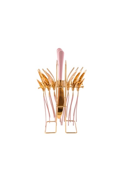Trendy's Set tacamuri stainless stell, 24 piese, cu suport, TRENDY’S, rose-gold