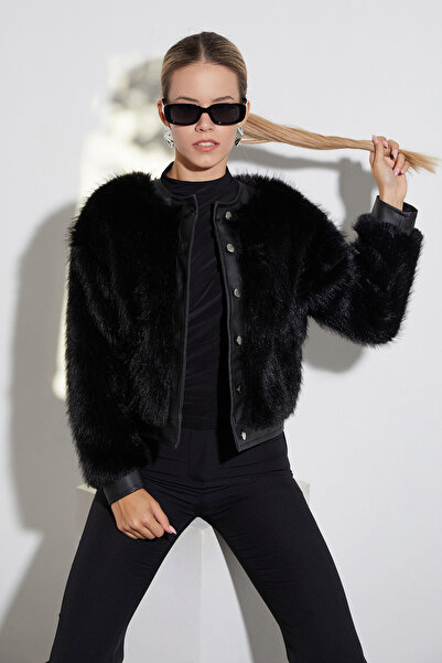 Fulla Moda Δερμάτινο μπουφάν με λεπτομέρειες από ψεύτικη γούνα με κουμπιά