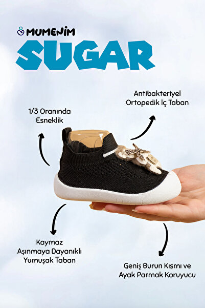 Mumenim Sugar Baby Boy Teddy Bear Figured Laceless Flexible, Comfortable Orthopedic Sole Black First Step Shoes