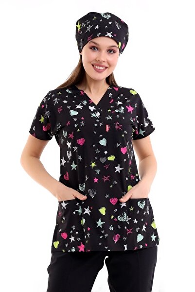 Bilenn Tekstil بلوزة منقوشة رقمية للجنسين بأكمام خفاش - 6506 قلب نجمة سوداء