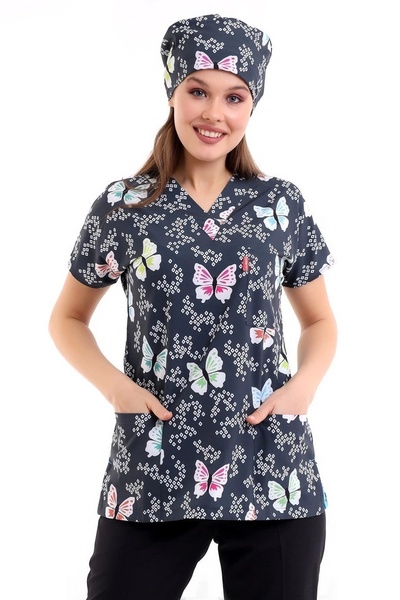 Bilenn Tekstil بلوزة منقوشة رقمية للجنسين بأكمام الخفاش - 6509 فراشات مدخنة