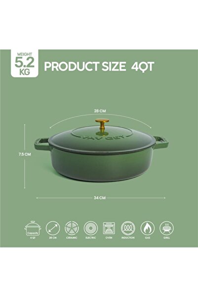VAV GET Enameled Cast Iron Dutch Oven Braiser. 28cm, 3.79L, Olive Green