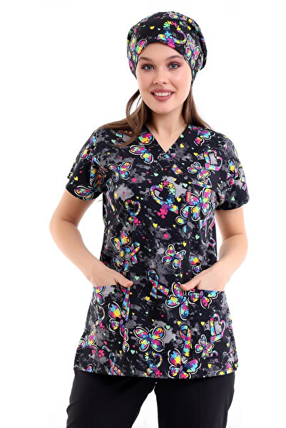 Bilenn Tekstil بلوزة مفردة للجنسين منقوشة بأكمام الخفاش - 5007 فراشة سوداء