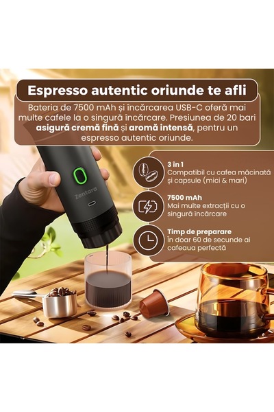 Zentara 3-in-1 portable espresso machine with heating, compatible with capsules and ground coffee, USB-C charging