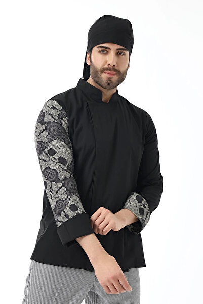 Bilenn Tekstil سترة طبخ منقوشة بأكمام من الليكرا للرجال - 6403 جمجمة سوداء
