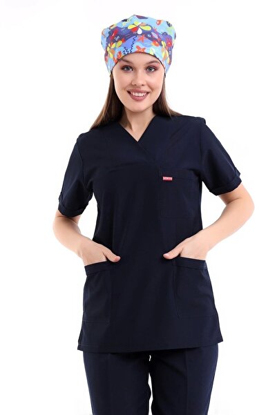 Bilenn Tekstil Envelope Collar Women's Single Top - 47 Navy Blue