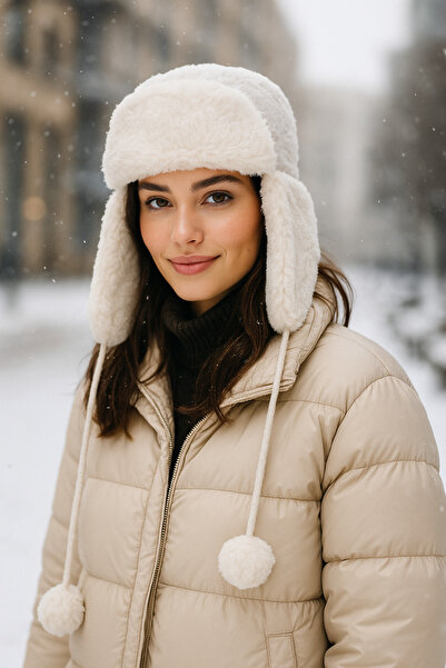 Luminos Butik Ecru Plush Hat - with Pompom, Fur and Headphones, Beret Beanie1103