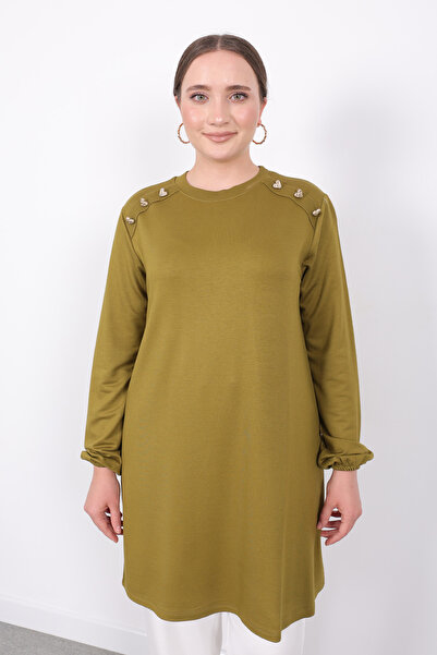 Linvey Kristal Günlük Gold Kalpli Düğmeli Yazlık İnce Penye Kumaş Geniş Kalıp Kadın Tunik