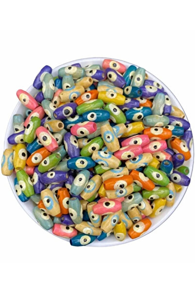 Artdeco 14X7 mm Wooden Barley Model Evil Eye Beads (25 Grams, Approximately 90-100 Pieces) Hole Diameter 3 mm Colorful Mixed