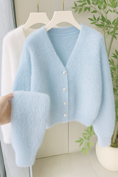 NATUFIAN STORE Жіночий дитячий синій плюшевий светр з м'яким ворсом, V-подібним коміром і базовим трикотажем
