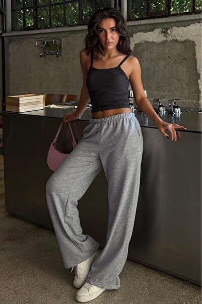 Madmext Gray Wide Leg Basic Women's Sweatpants Mg2553