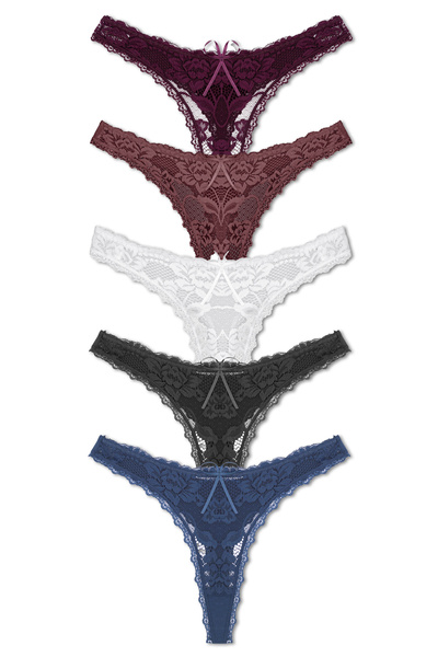 Zena Set of 5 Women's String Panties with Cotton Lace Back