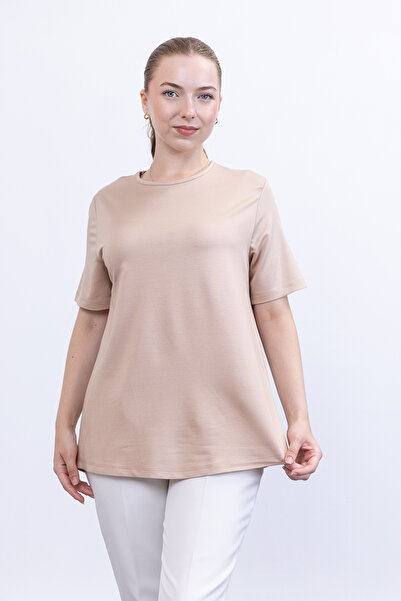 Linvey Kristal Likralı Kısa Kollu Bisiklet Yaka Rahat Kalıp Penye T-shirt,Blu...