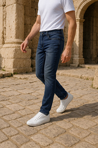 Xcedy Férfi klasszikus prémium nadrág - magas derék, rugalmas csőszár, 5 zseb, kék C366