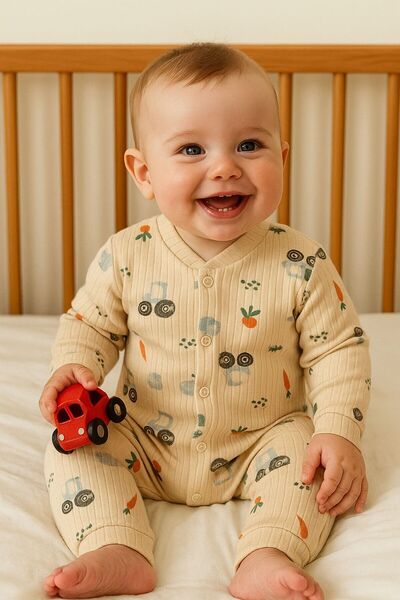 Tuembaby Süpermini %100 Cotton Kumaş Traktörlü Havuç Manşetli Unisex Bebek Tu...